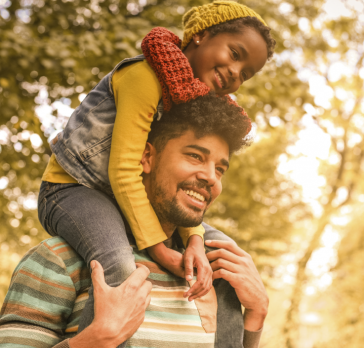 Man carrying child on shoulders