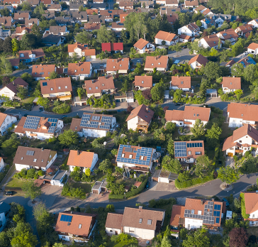 Aerial view of houses in a housing development.