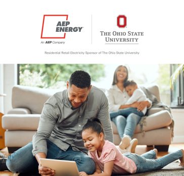 OSU and AEP Energy Logos with happy friendly on couch